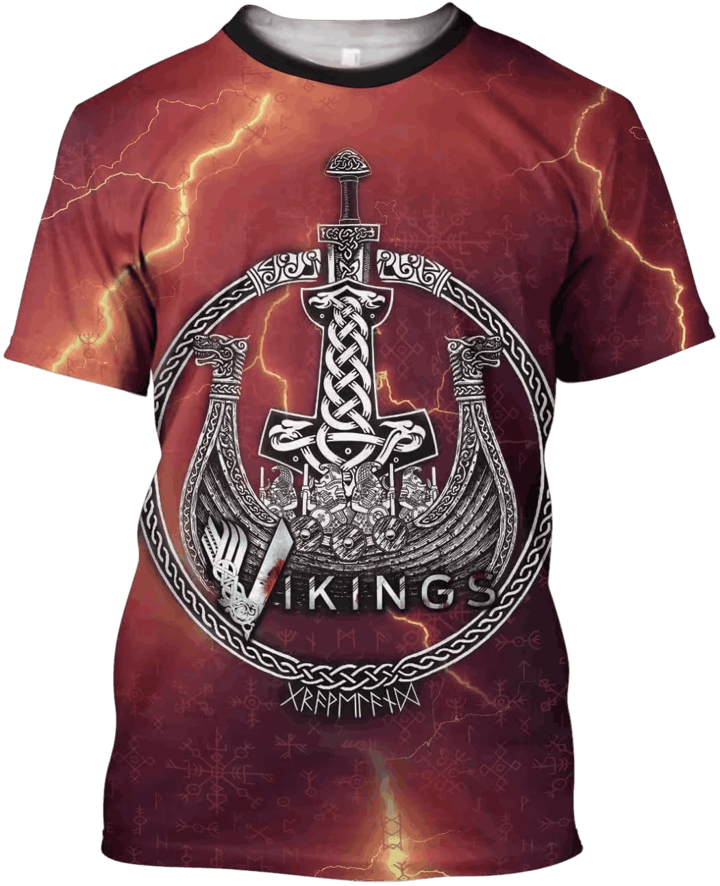 Tee-shirt viking bordeaux à plat, impression intégrale marteau Mjölnir, foudre et lettrage Vikings