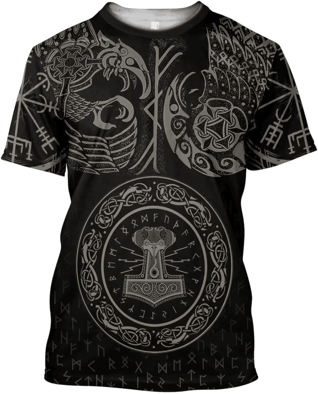 Tee-shirt viking noir à plat, impression intégrale ton sur ton, marteau Mjölnir cerclé de runes