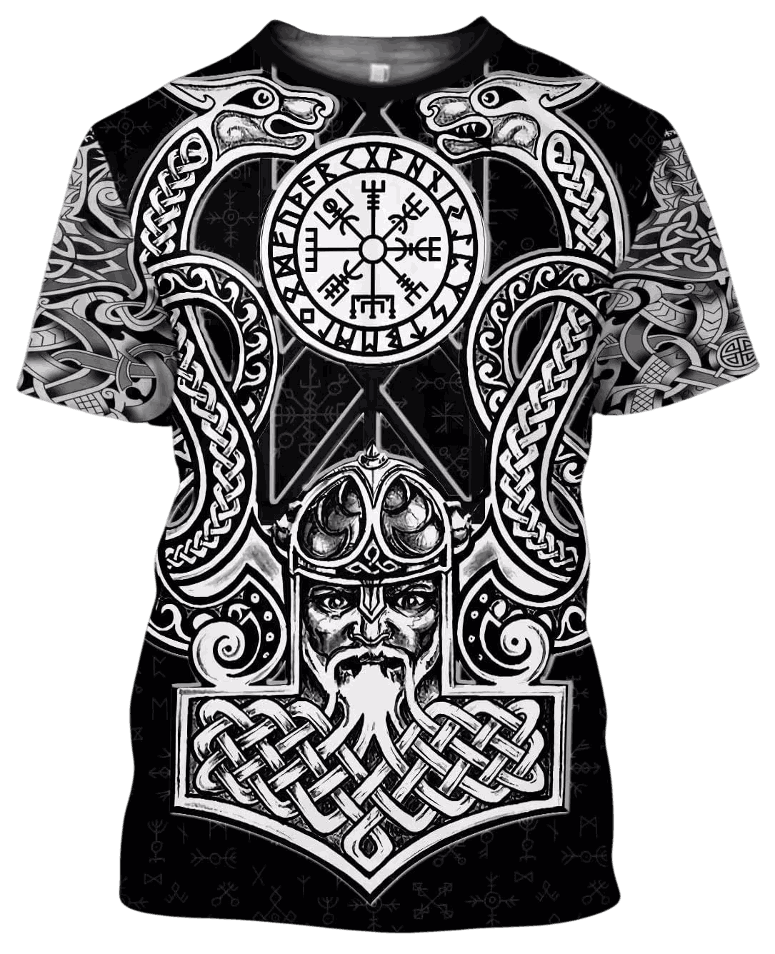Tee-shirt viking à plat, impression intégrale argentée très ornée, Mjölnir central et Vegvísir