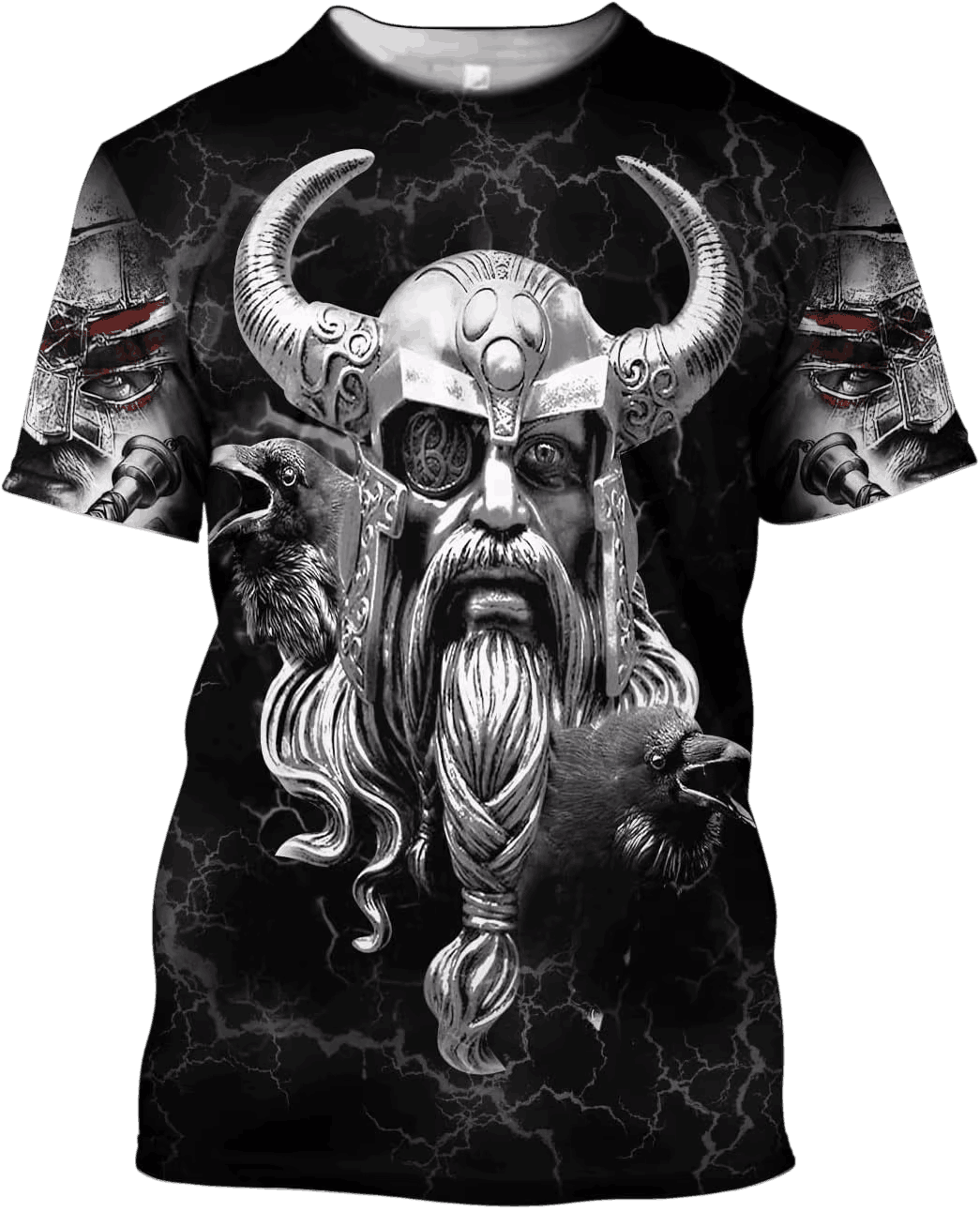 Tee-shirt viking à plat, impression intégrale noir et blanc, figure d'Odin casqué et manches ornées