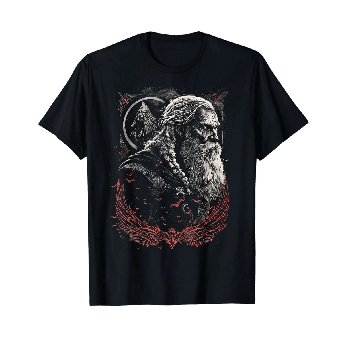Black Viking T-shirt laid flat, Odin with a long braided beard, raven above and spread red wings