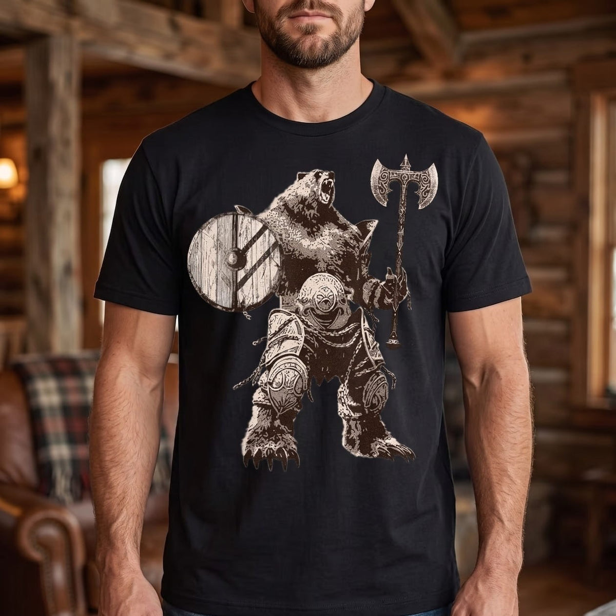 Homme portant un tee-shirt viking noir à l'ours en armure dressé, hache et bouclier rond