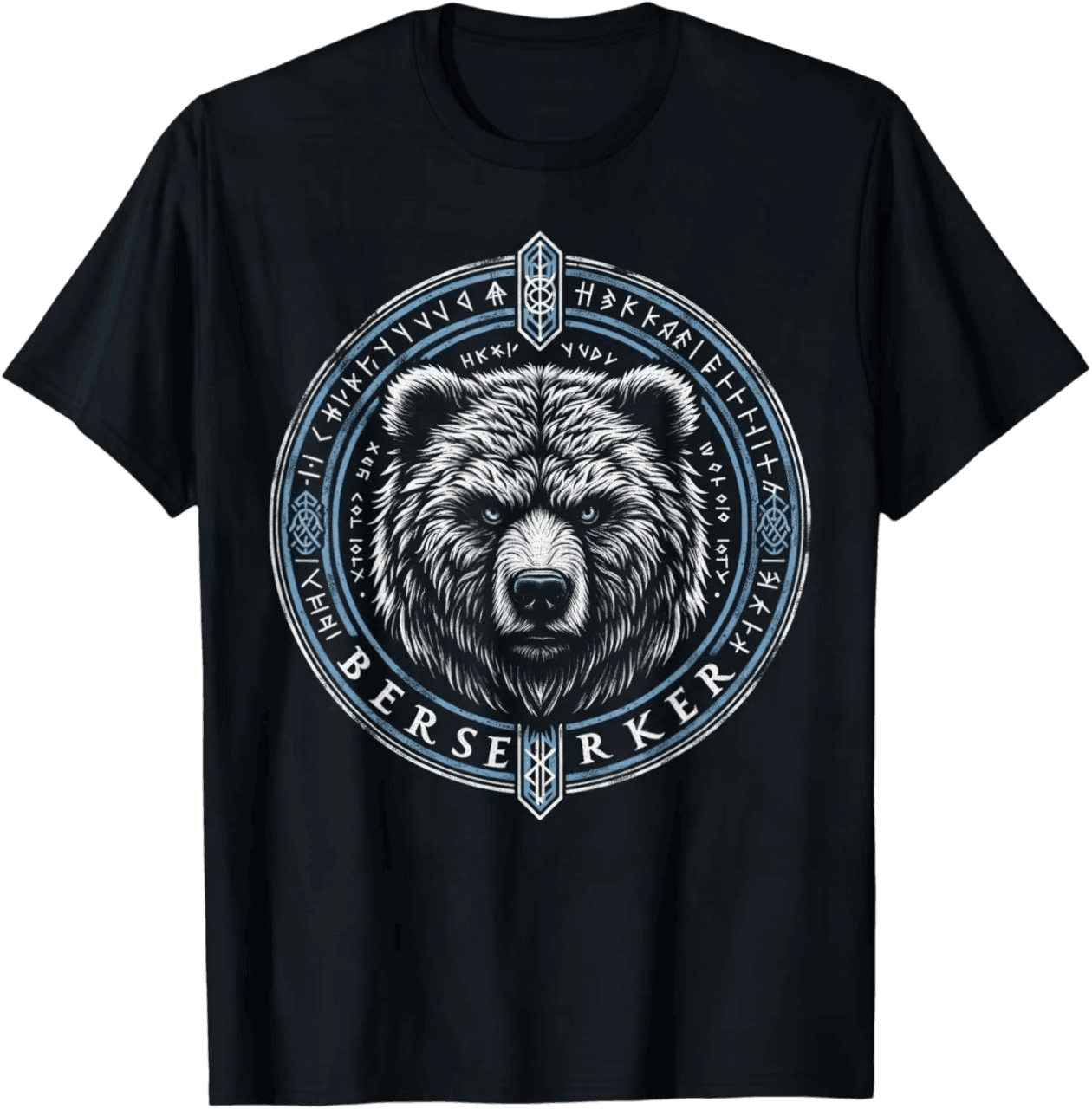 Tee-shirt viking noir à plat, ours de face dans un médaillon bleu cerclé de runes et du mot Berserker