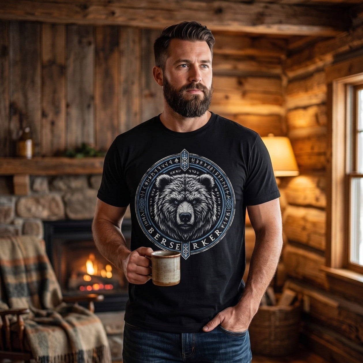 Homme portant un tee-shirt viking noir à tête d'ours dans un médaillon bleu marqué Berserker