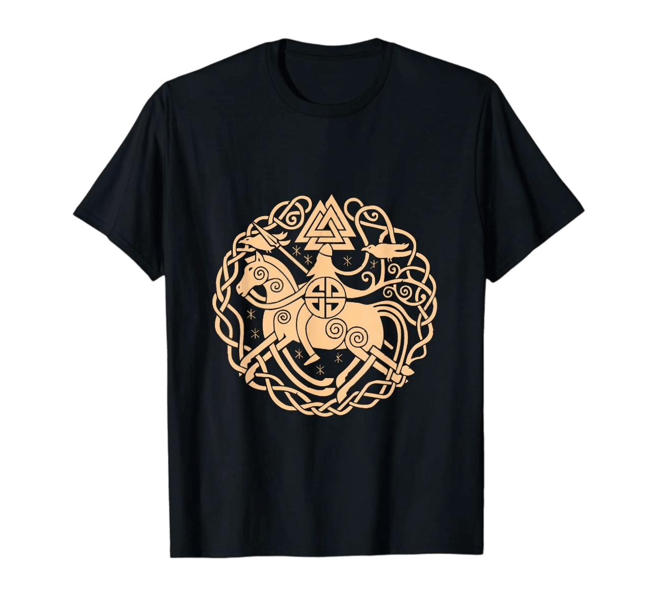 Tee-shirt viking noir à plat, cheval Sleipnir en entrelacs dorés, Valknut et corbeau dans un cercle