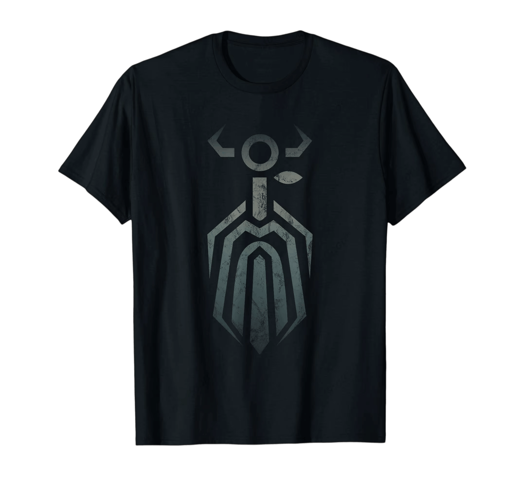 Tee-shirt viking noir à plat, emblème d'Odin stylisé gris fer imprimé sur la poitrine