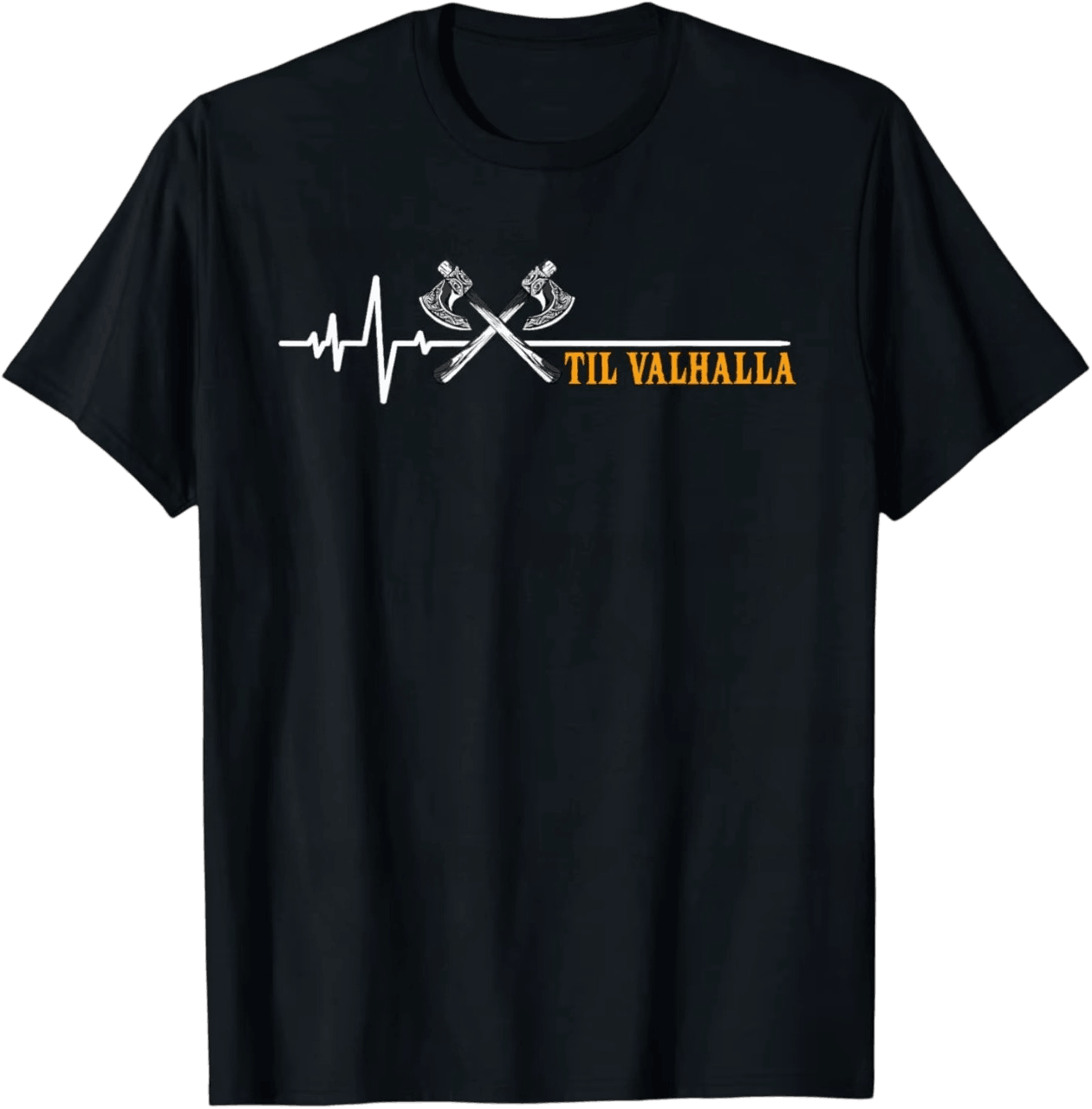 Tee-shirt viking noir à plat, ligne de rythme cardiaque, deux haches croisées et lettrage Til Valhalla doré
