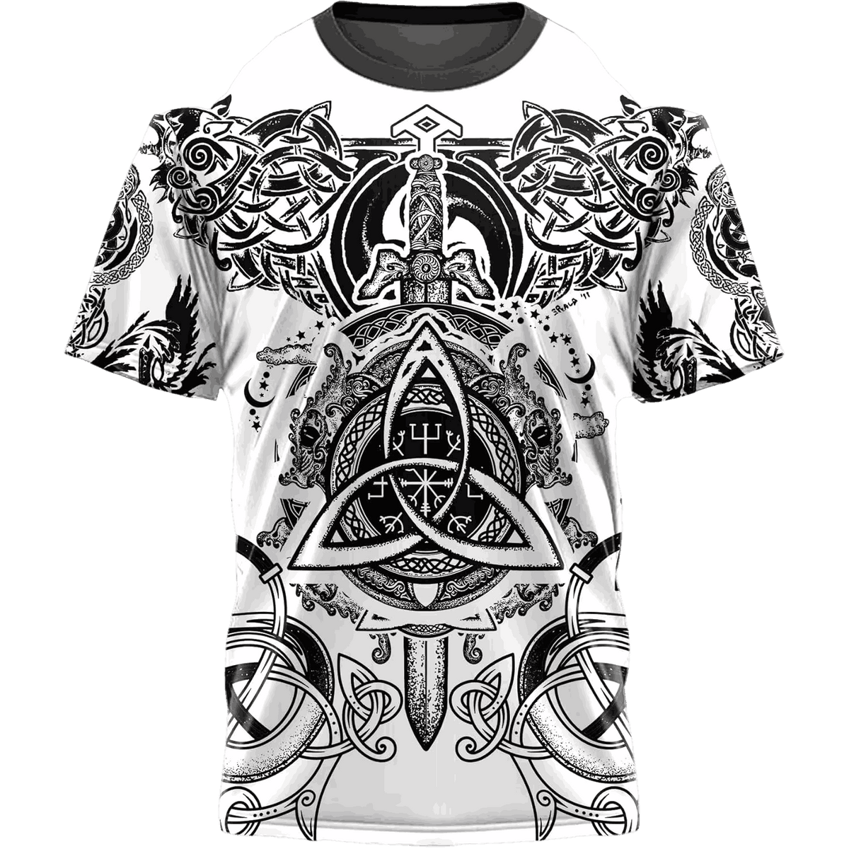 White Viking T-shirt laid flat, all-over print with a central Triquetra, sword and black knotwork