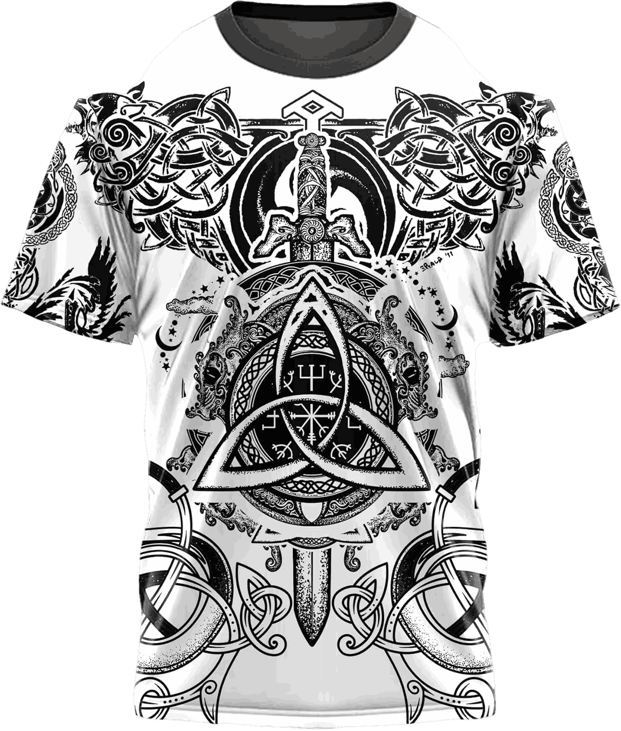 Tee-shirt viking blanc à plat, impression intégrale Triquetra centrale, épée et entrelacs noirs