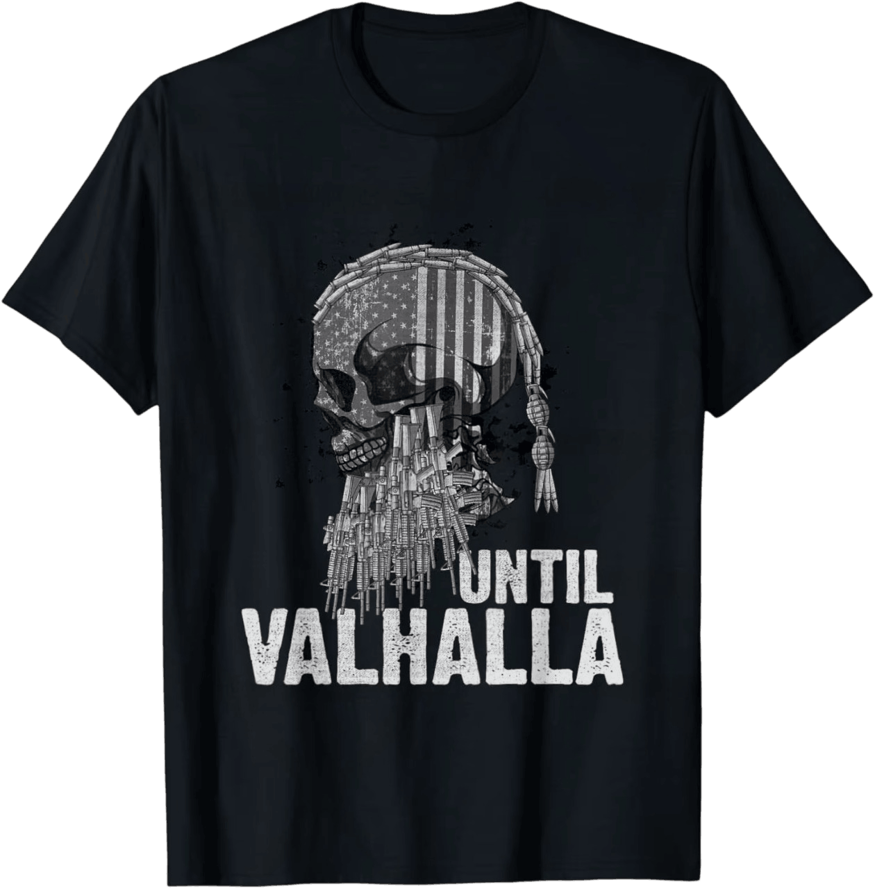 Tee-shirt viking noir à plat, crâne casqué à barbe tressée texturé d'un drapeau, mention Until Valhalla