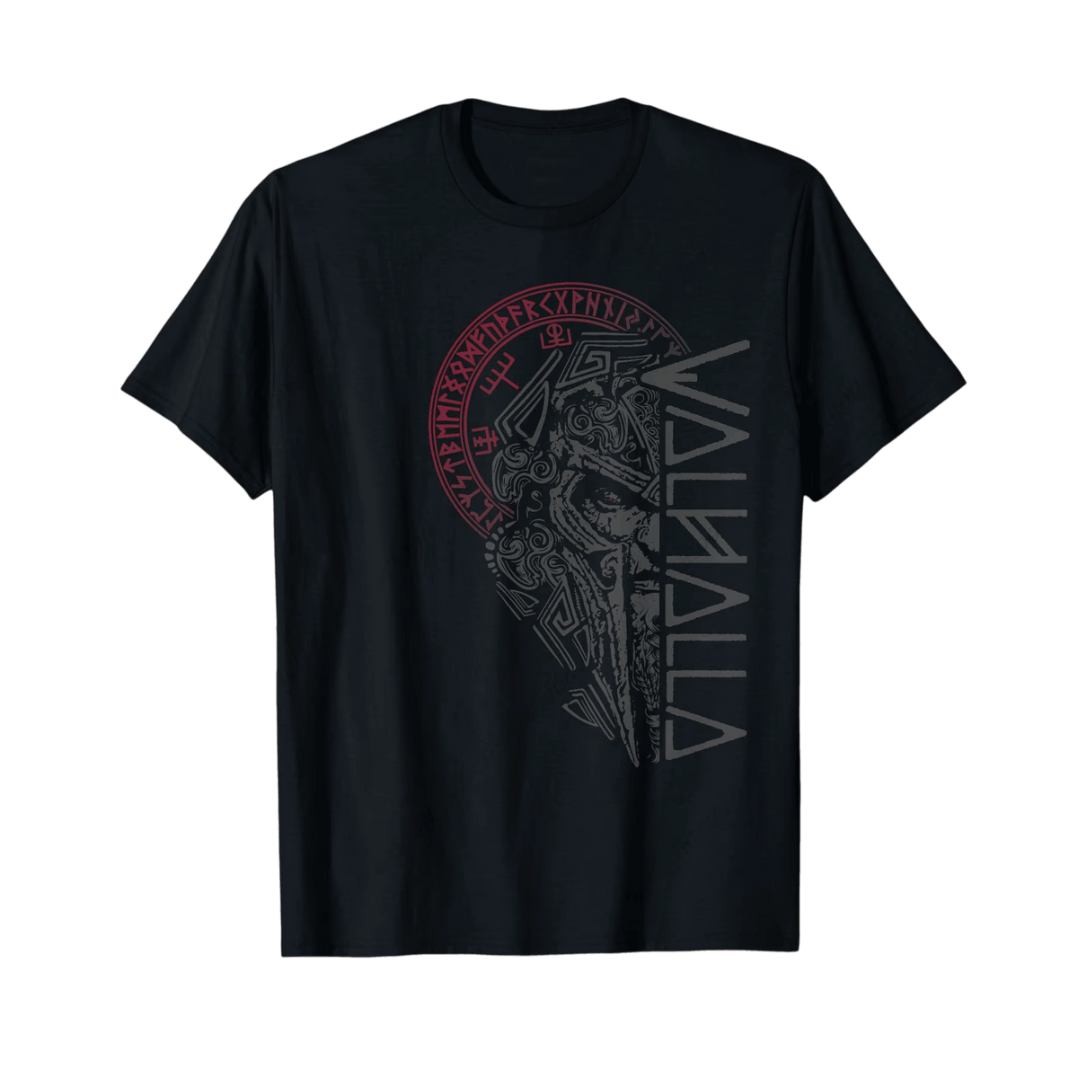Tee-shirt viking noir à plat, guerrier de profil et lettrage Valhalla vertical sur cercle de runes rouge