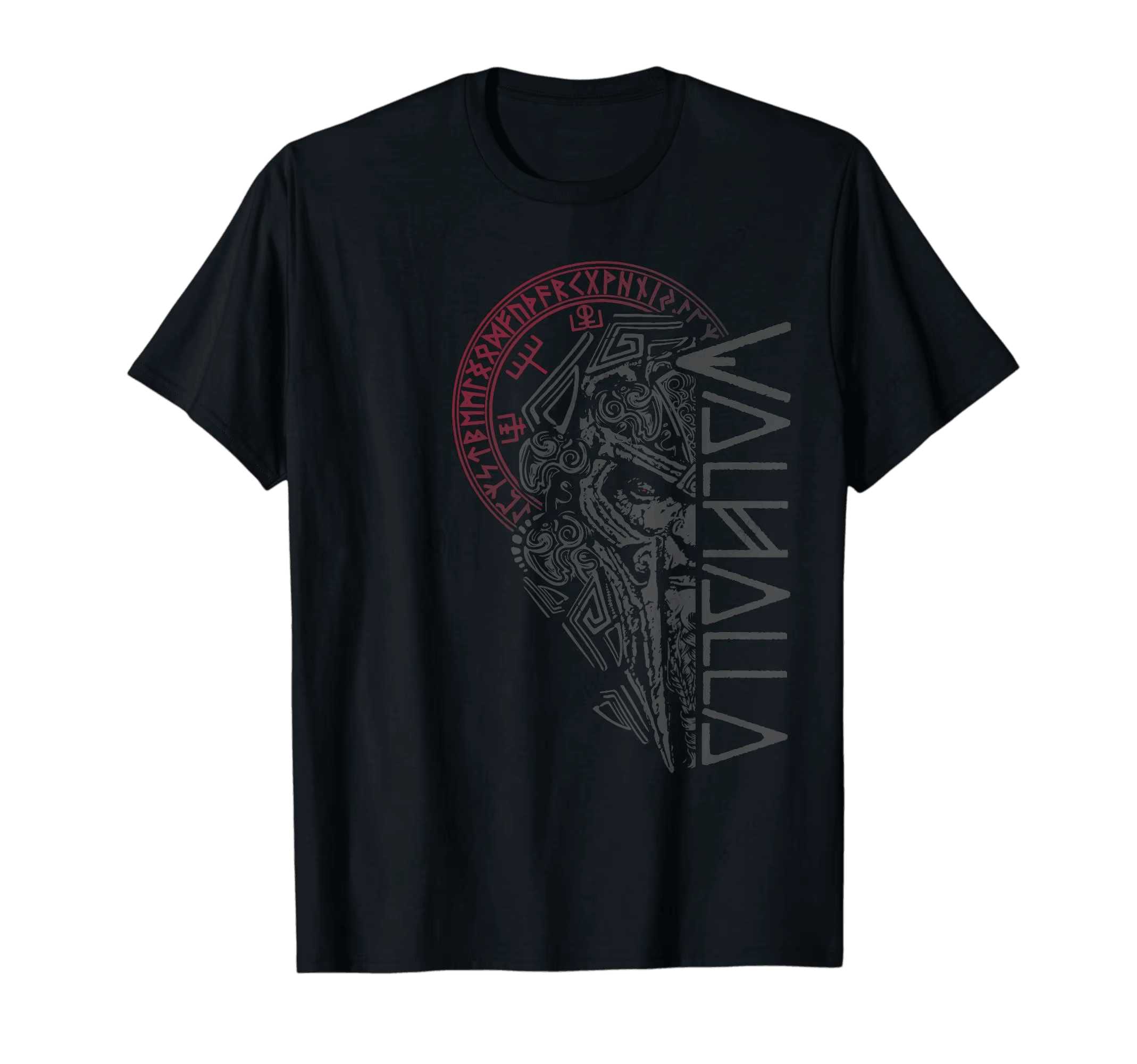 Tee-shirt viking noir à plat, guerrier de profil et lettrage Valhalla vertical sur cercle de runes rouge