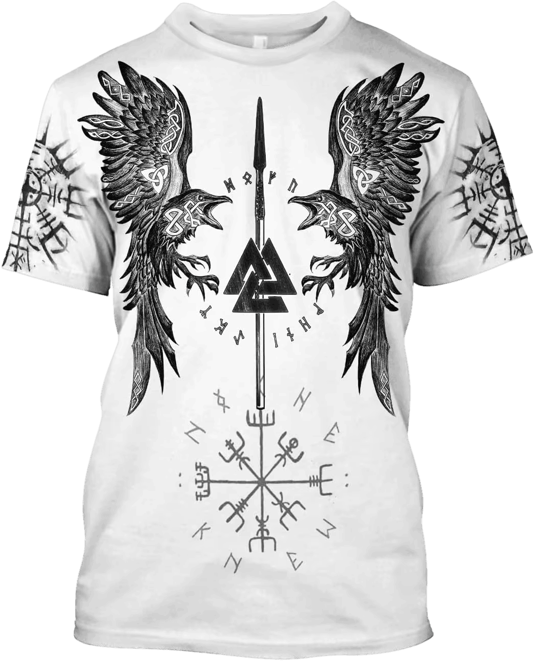 Tee-shirt viking blanc à plat, impression intégrale Valknut, deux corbeaux ailes ouvertes et Vegvísir