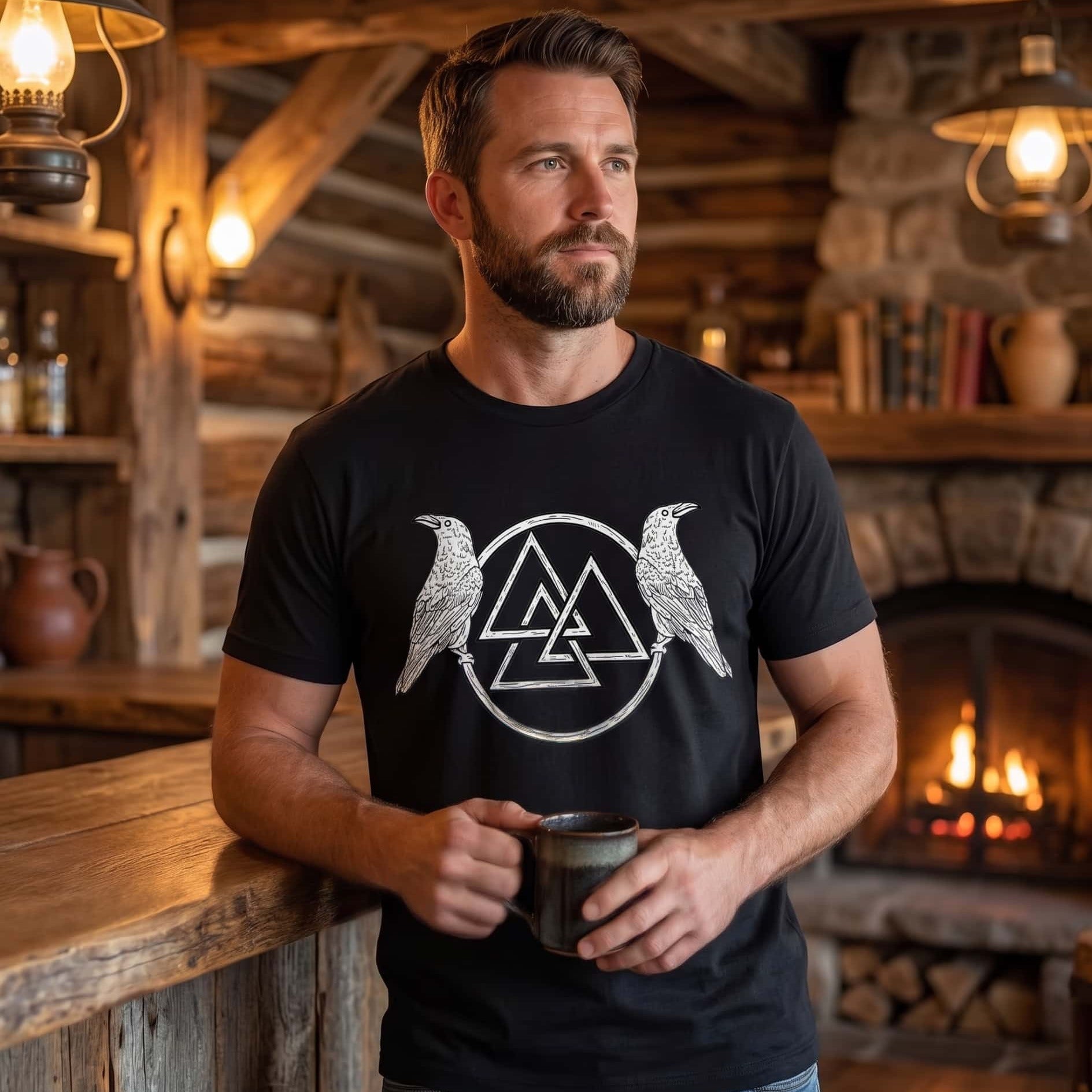 Homme portant un tee-shirt viking noir à Valknut cerclé encadré de deux corbeaux blancs