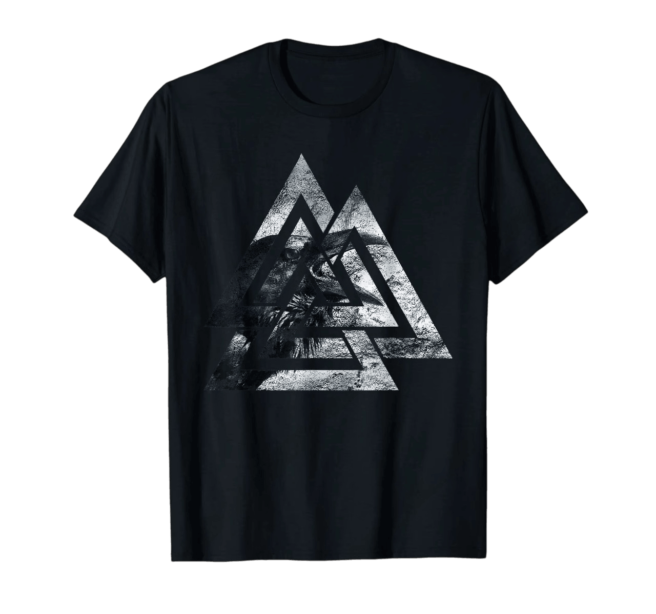 Tee-shirt viking noir à plat, Valknut en trois triangles texturés où apparaît un guerrier