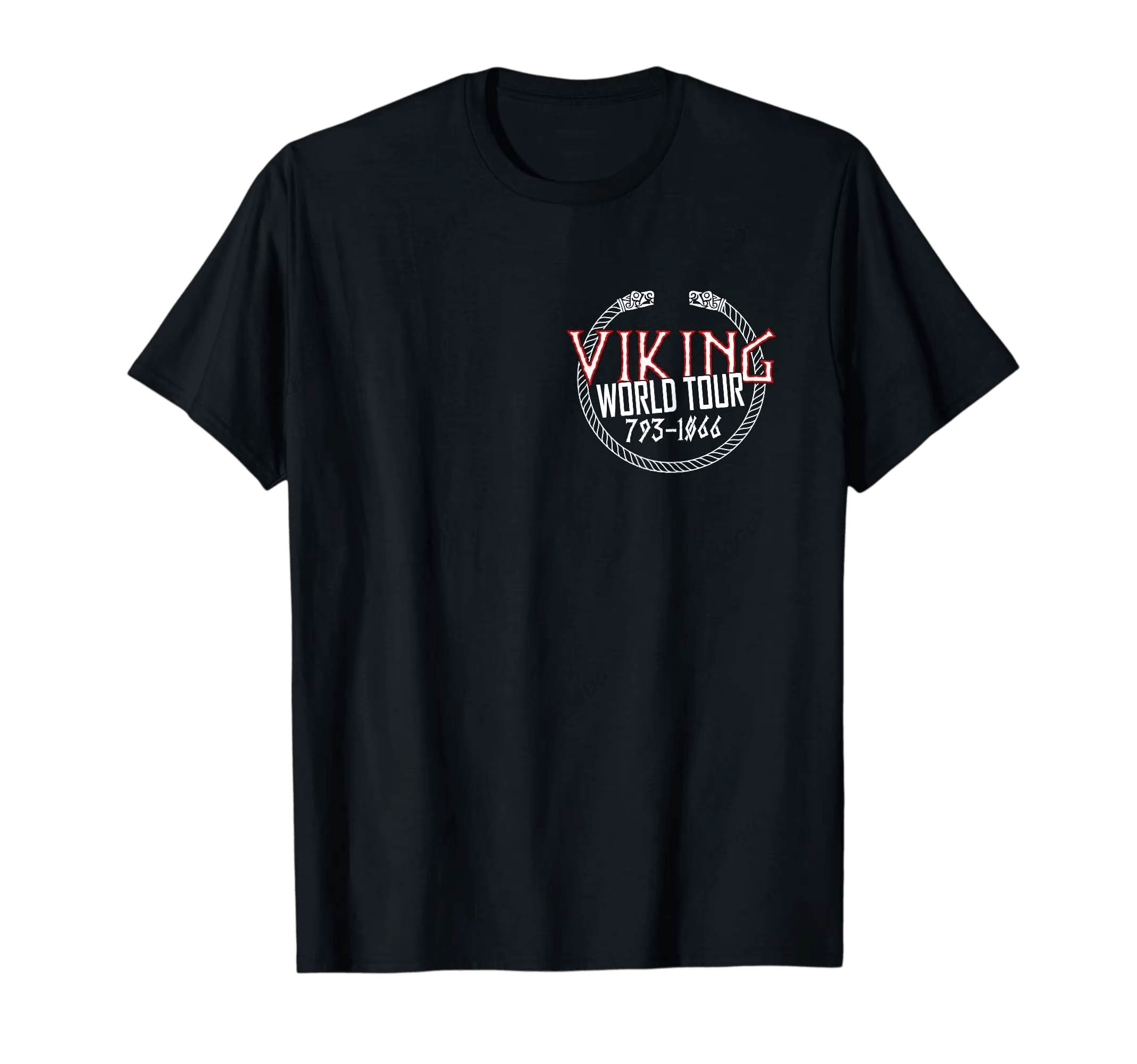 Tee-shirt viking noir à plat, petit médaillon Viking World Tour imprimé au niveau du cœur
