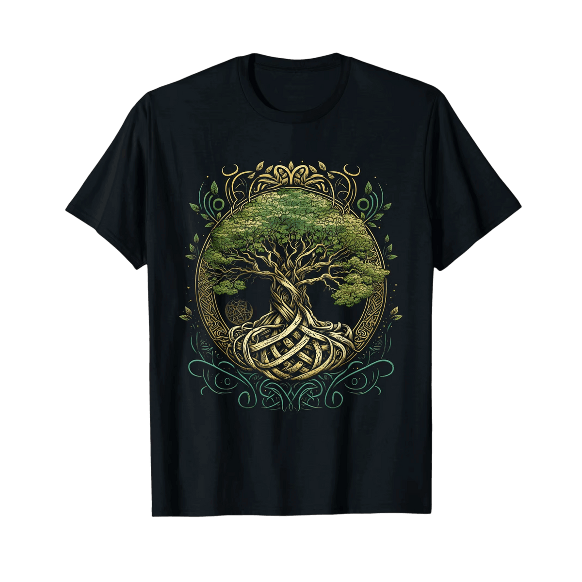 Black Viking T-shirt laid flat, green and gold Yggdrasil tree of life ringed with gold scrollwork