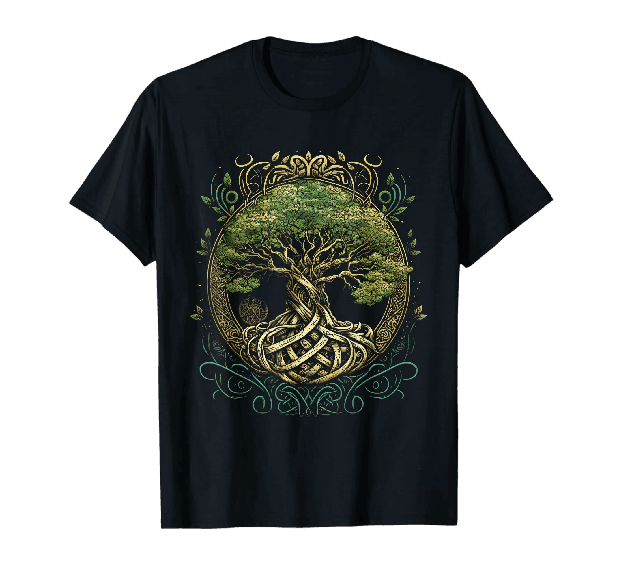Tee-shirt viking noir à plat, arbre de vie Yggdrasil vert et or cerclé de rinceaux dorés