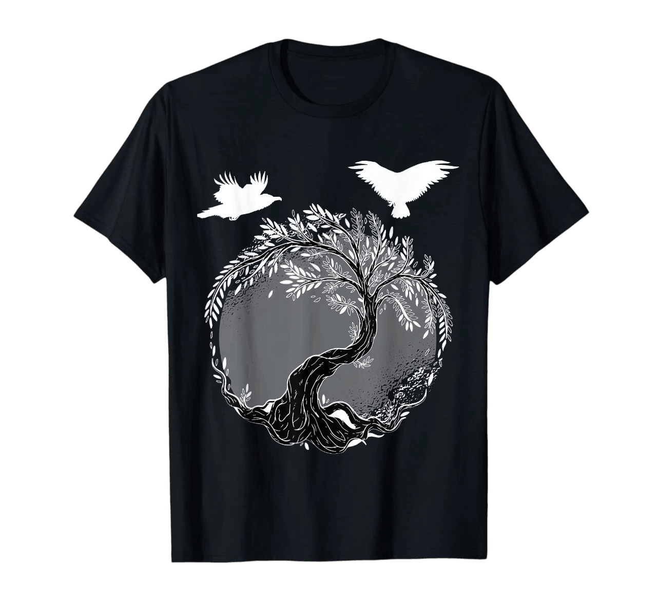 Tee-shirt viking noir à plat, arbre-monde argenté aux racines nouées et deux corbeaux en vol