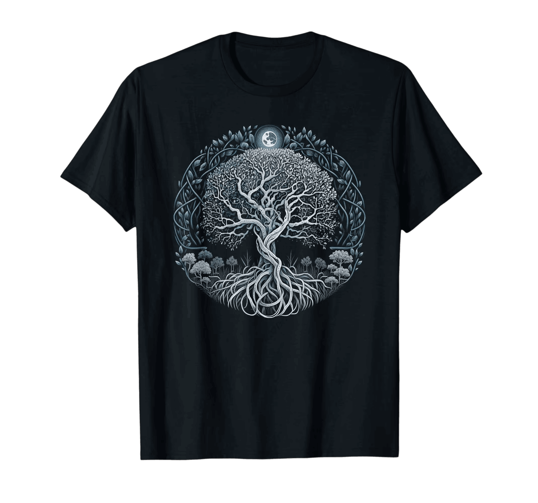 Tee-shirt viking noir à plat, arbre-monde argenté et lune dans un cercle de rameaux