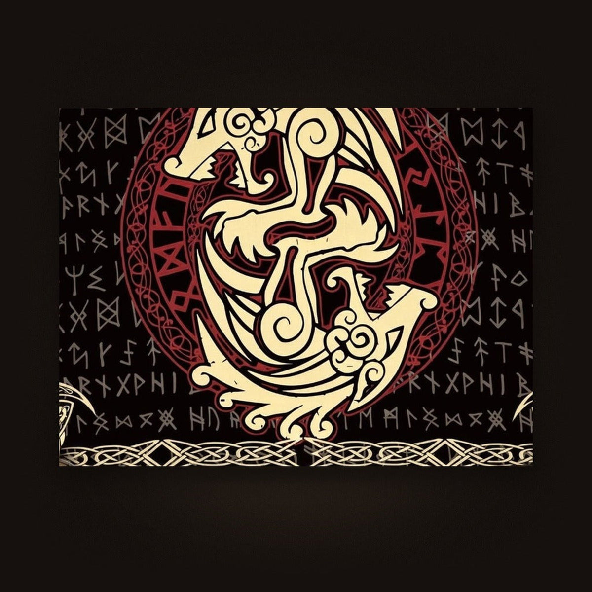 Tenture Viking Bêtes Entrelacées & Cercle Runique — Noir et Rouge, vue d'ensemble de la tenture à plat