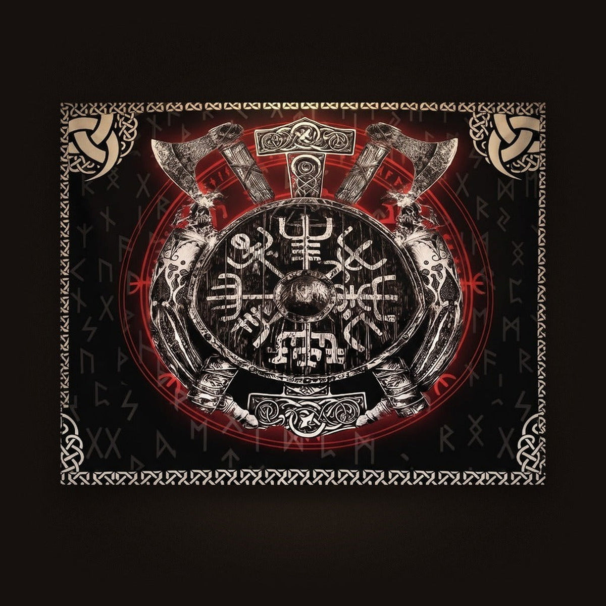 Tenture Viking Bouclier, Haches & Mjölnir — Noir et Rouge, vue d'ensemble de la tenture à plat