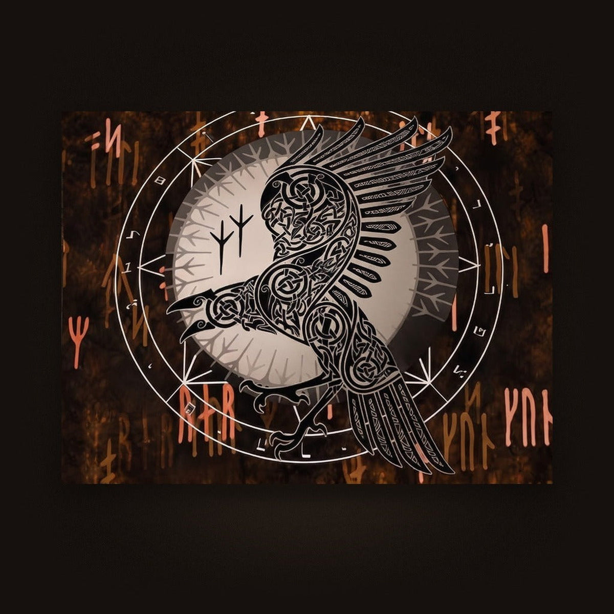 Tenture Viking Corbeau d'Odin & Lune Runique — Brun et Cuivre, vue d'ensemble de la tenture à plat