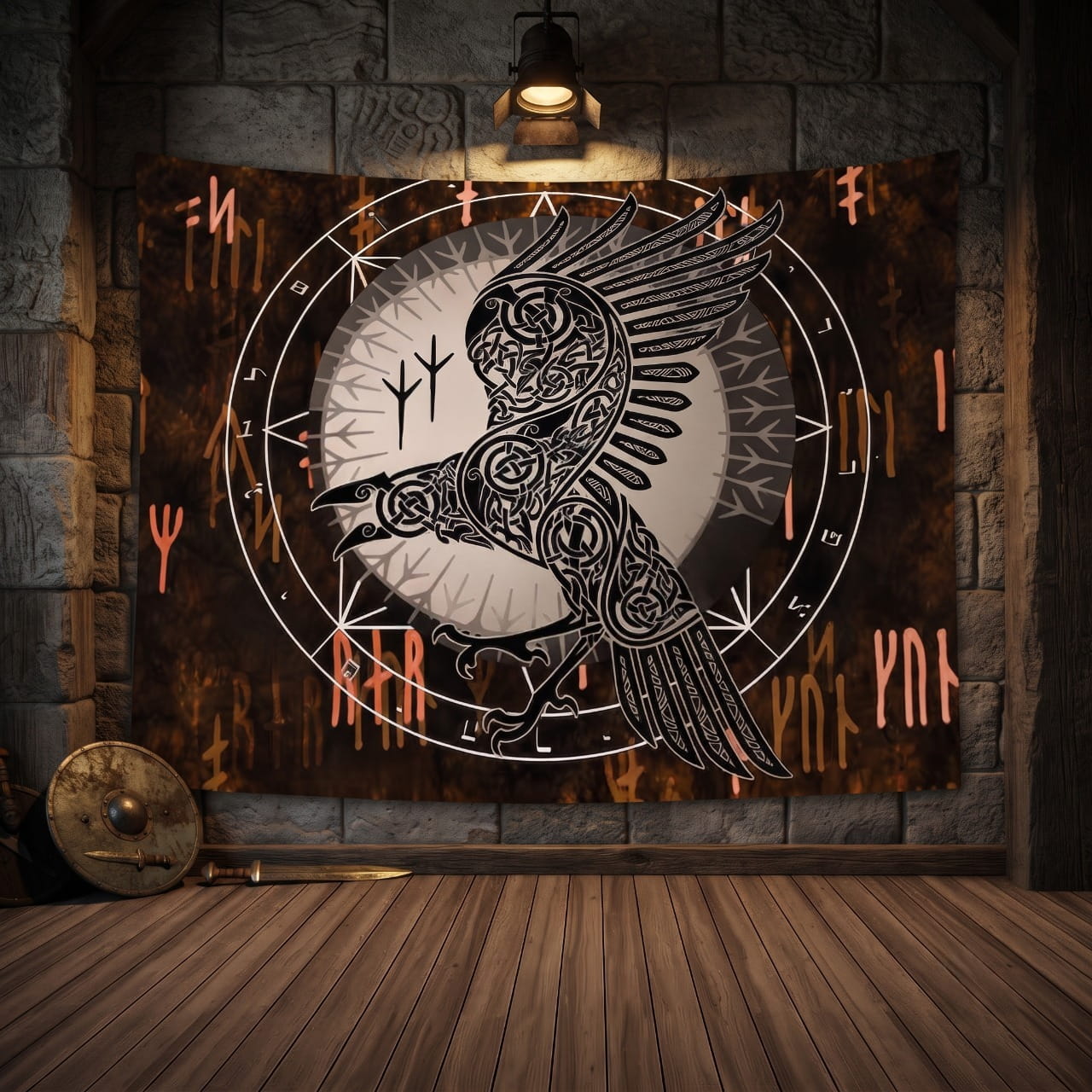 Tenture Viking Corbeau d'Odin & Lune Runique — Brun et Cuivre