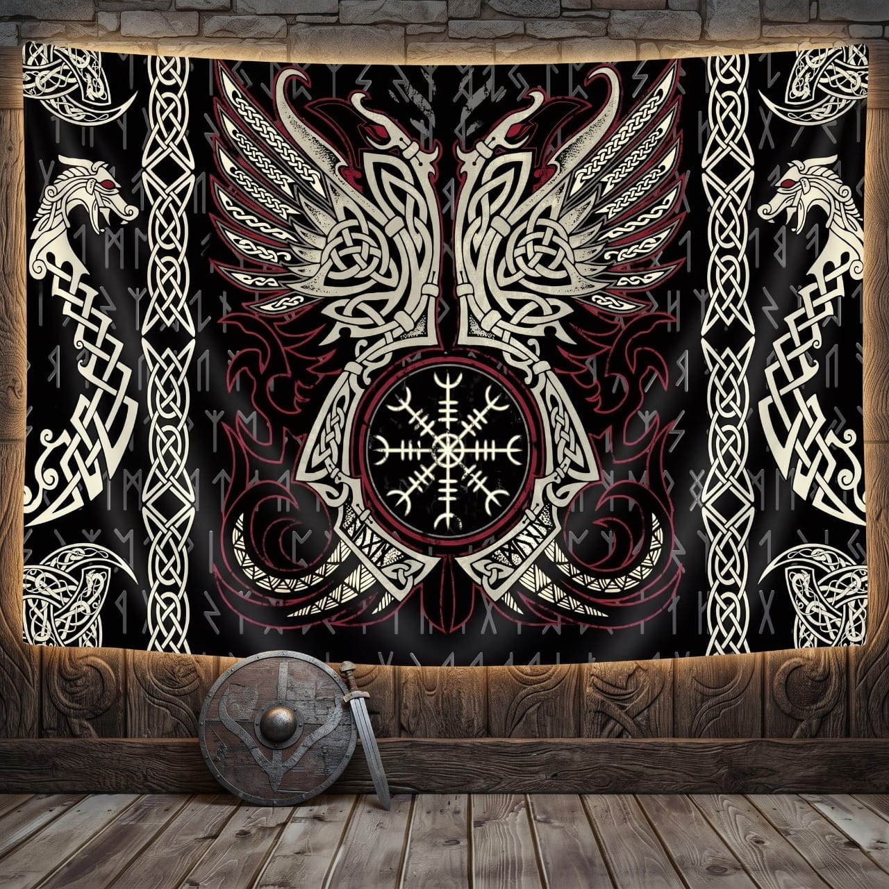 Tenture Viking Corbeaux d'Odin & Casque d'Effroi — Haches Croisées