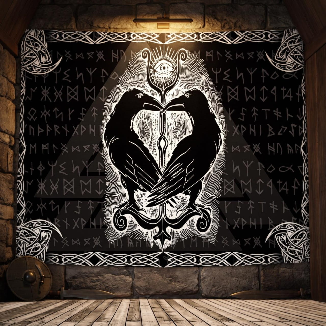 Tenture Viking Corbeaux d'Odin & Œil de Sagesse — Noir et Blanc