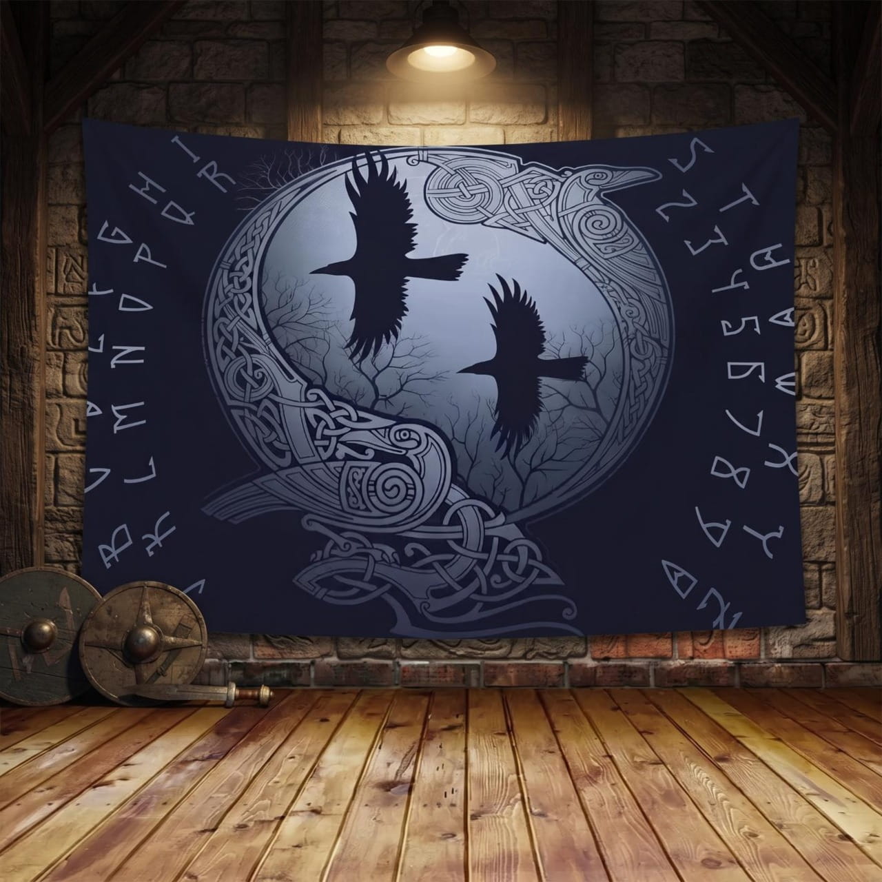 Tenture Viking Huginn & Muninn sous la Lune — Bleu Nuit