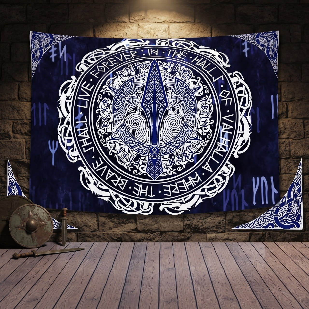 Tenture Viking Lance d'Odin & Valhalla — Bleu Nuit