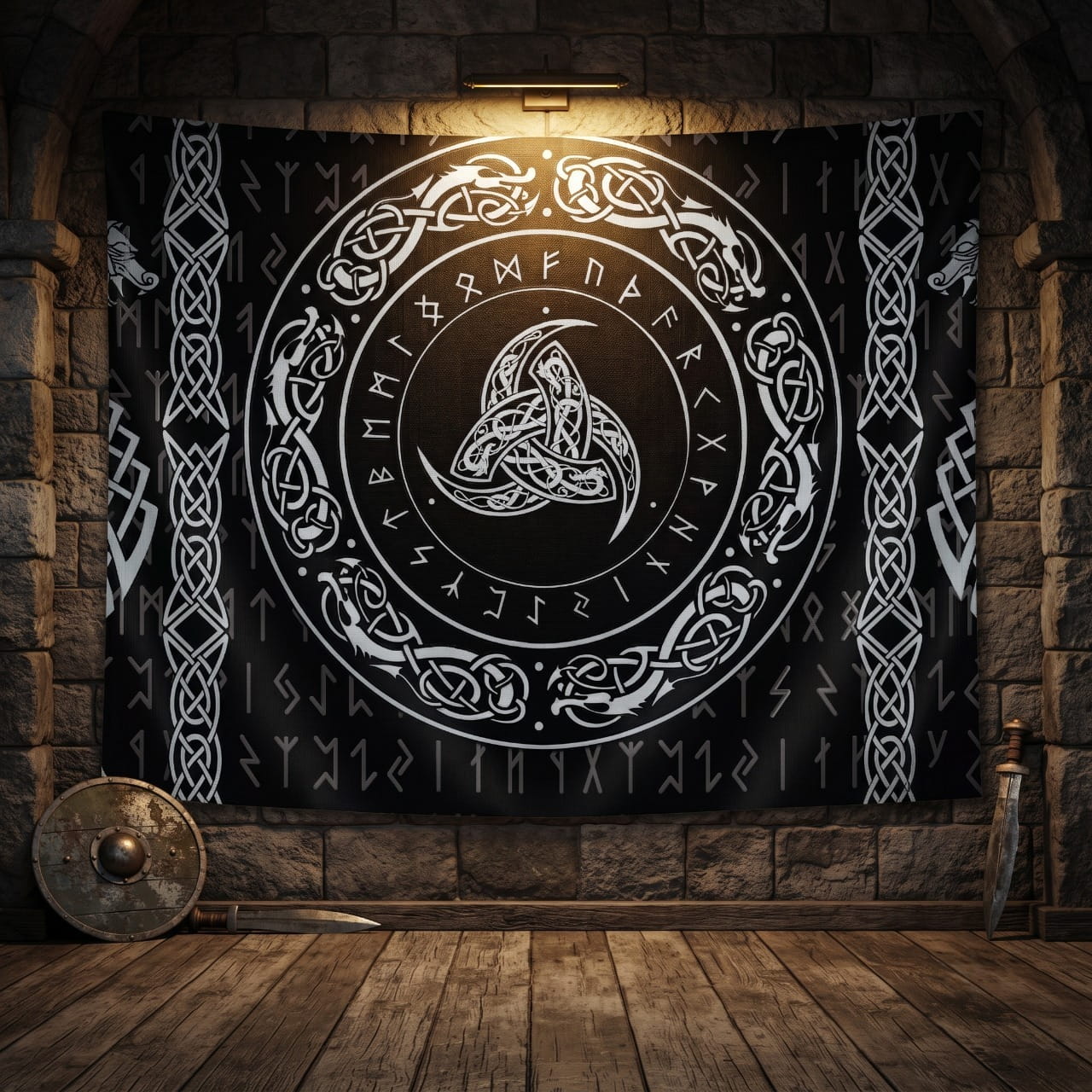 Tenture Viking Triple Corne d'Odin — Noir et Blanc