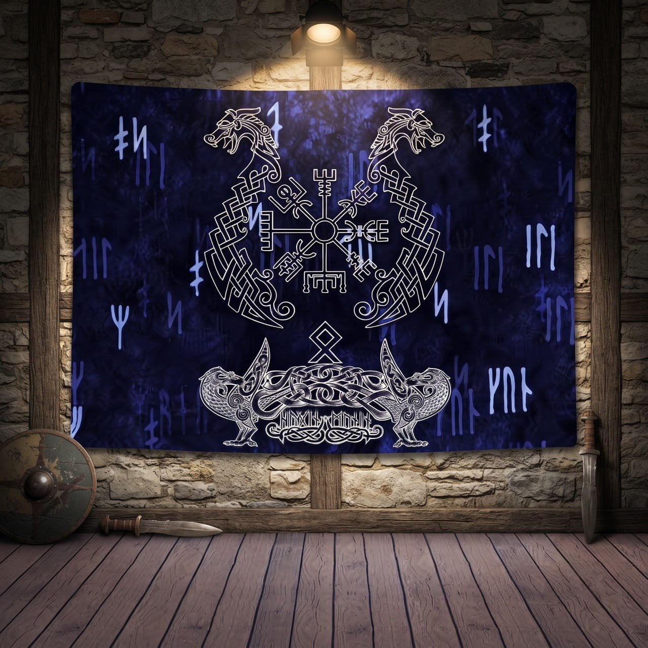 Tenture Viking Vegvísir & Proues de Drakkar — Bleu Nuit