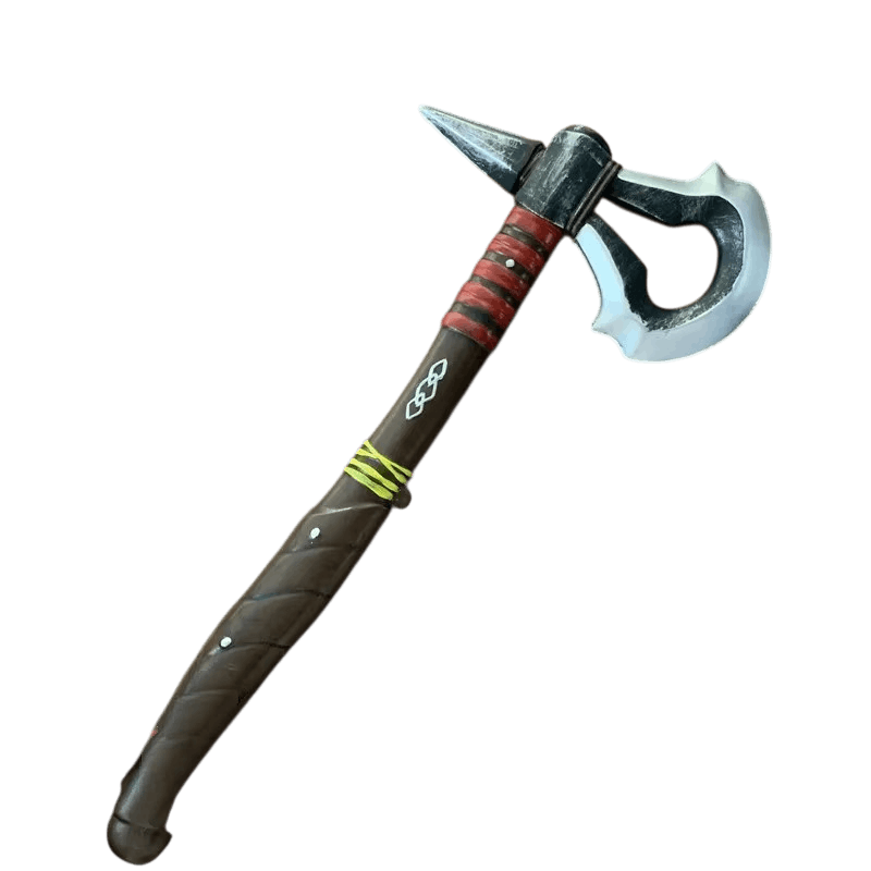 Tomahawk à Bec : Manche Rouge et Brun, 50 cm, vue de détail sur fond blanc