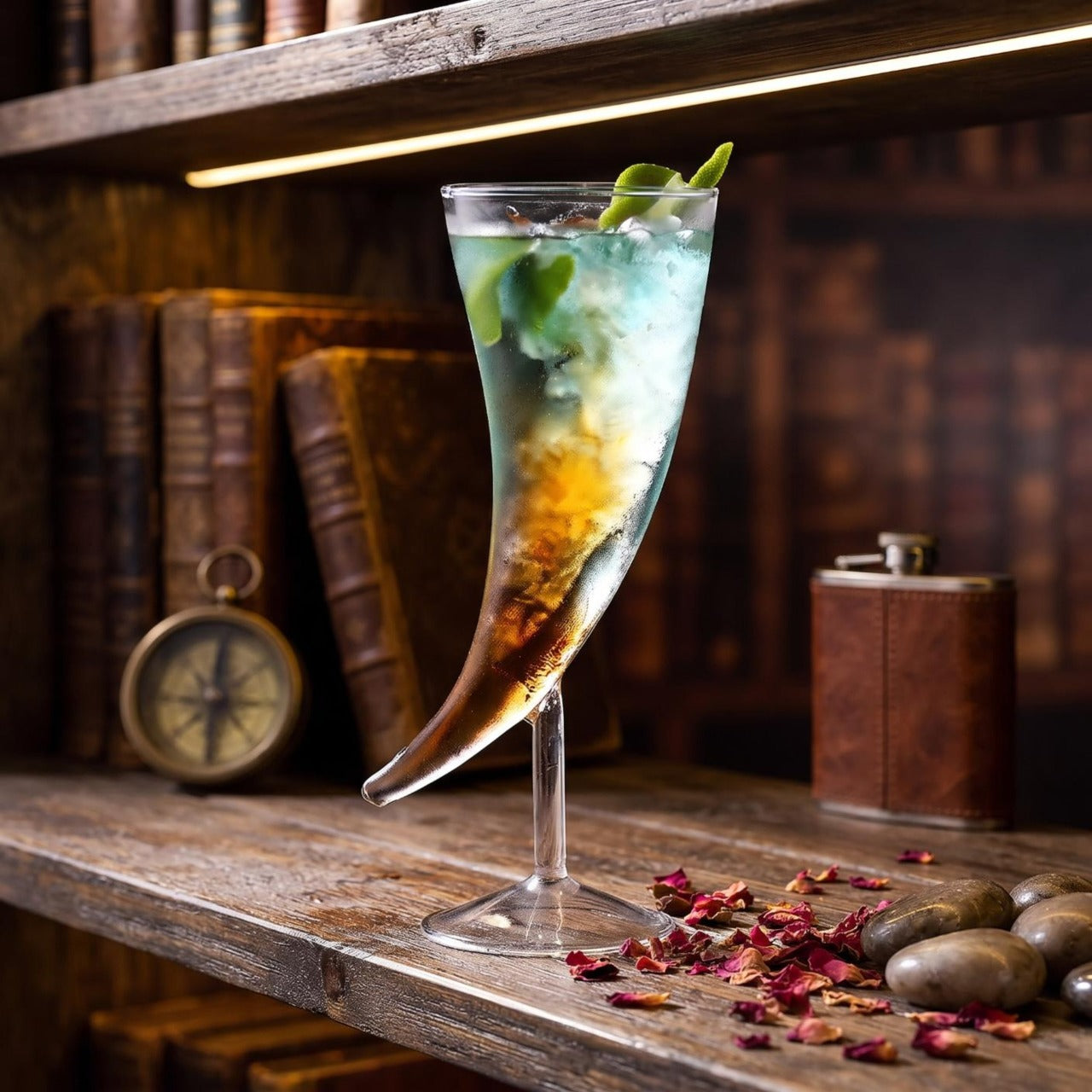 Verre à corne viking en verre soufflé de 410 ml, garni d'un cocktail glacé, sur une étagère de bibliothèque ancienne