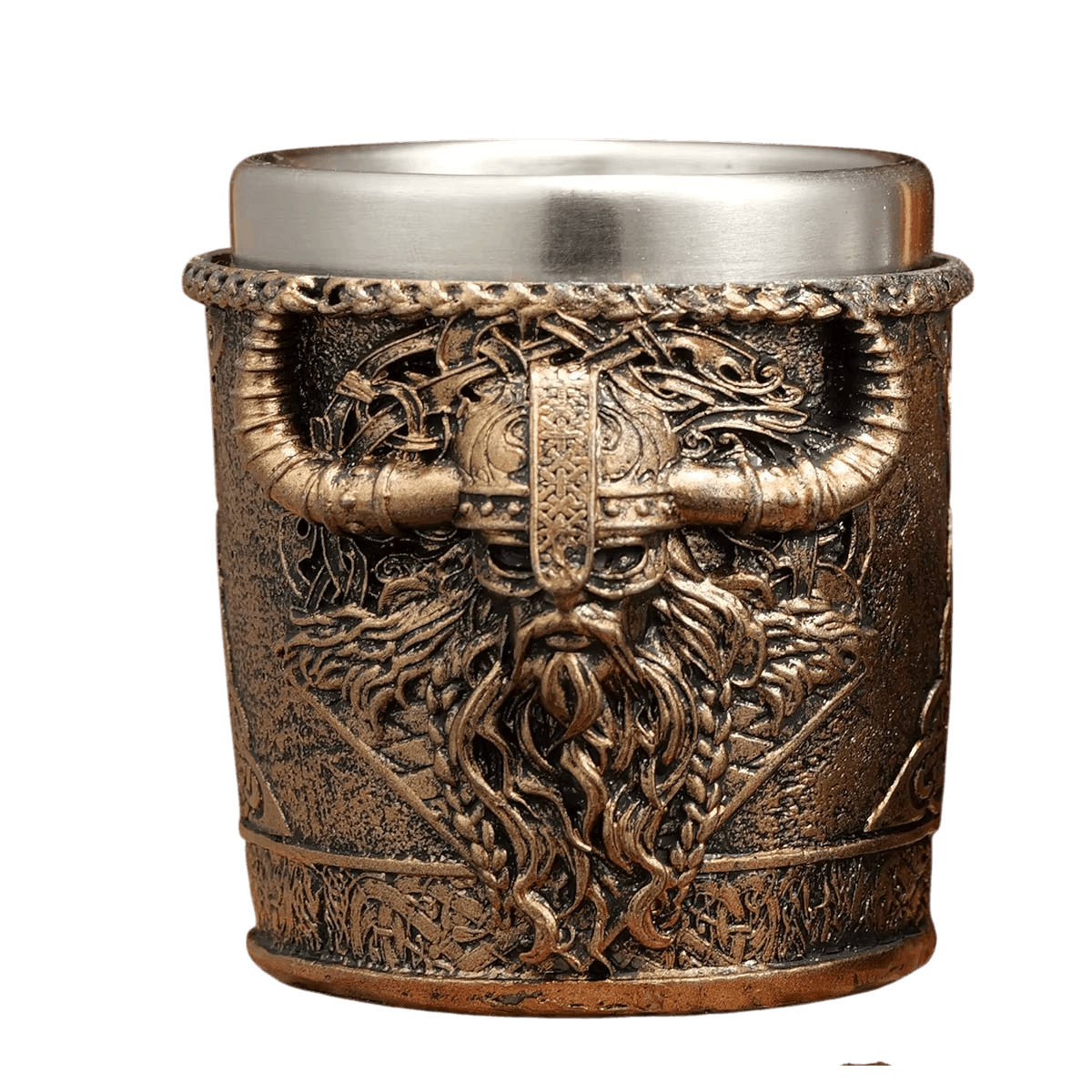 Verre à shot viking casque à cornes et longue barbe, résine bronze sculptée