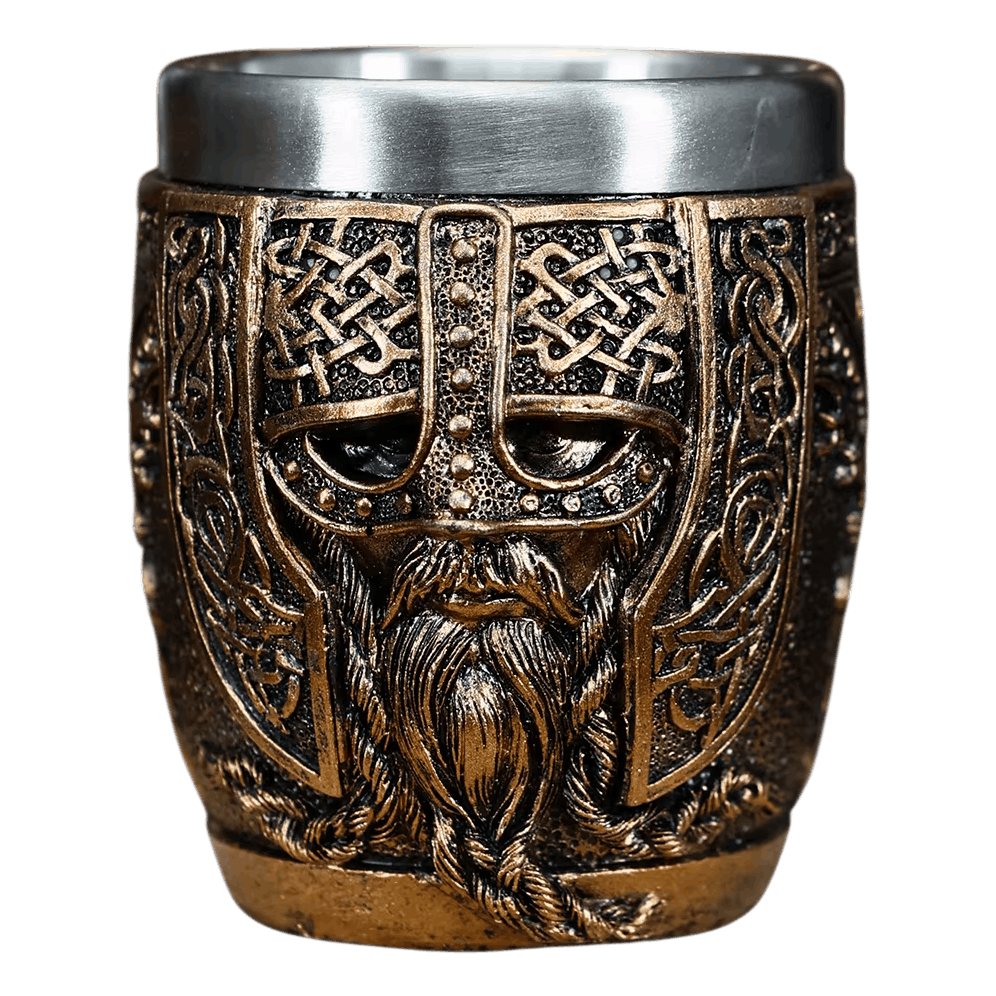 Verre à shot viking casque à entrelacs en résine bronze, godet acier inoxydable 50 ml