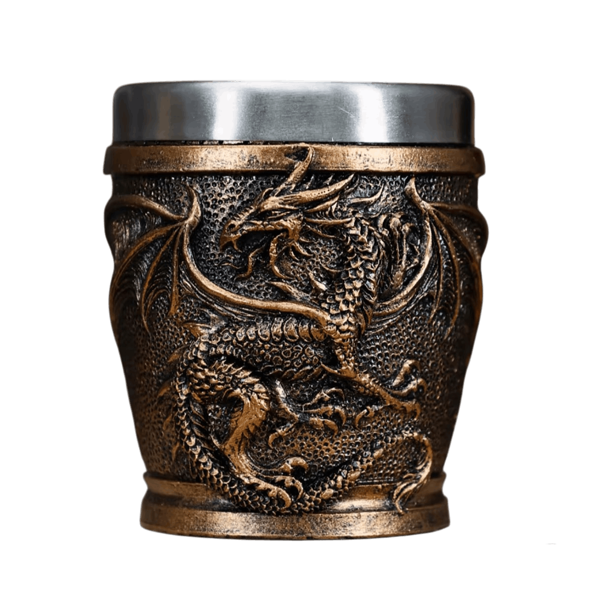 Verre à shot viking dragon ailé enroulé, résine bronze et intérieur acier