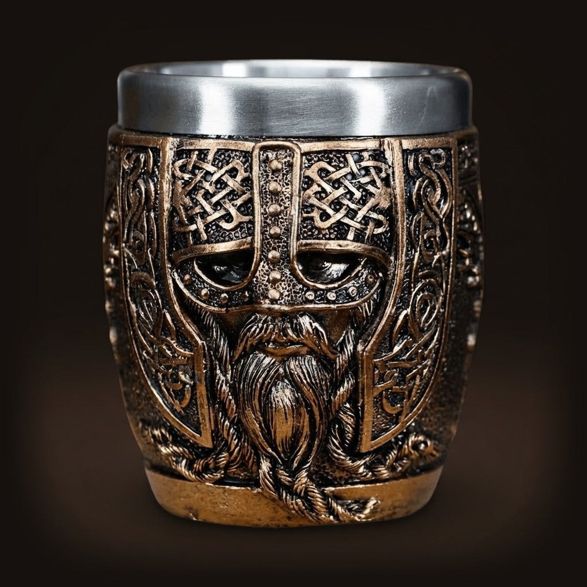 Verre à shot viking casque à entrelacs en résine bronze, godet acier inoxydable 50 ml